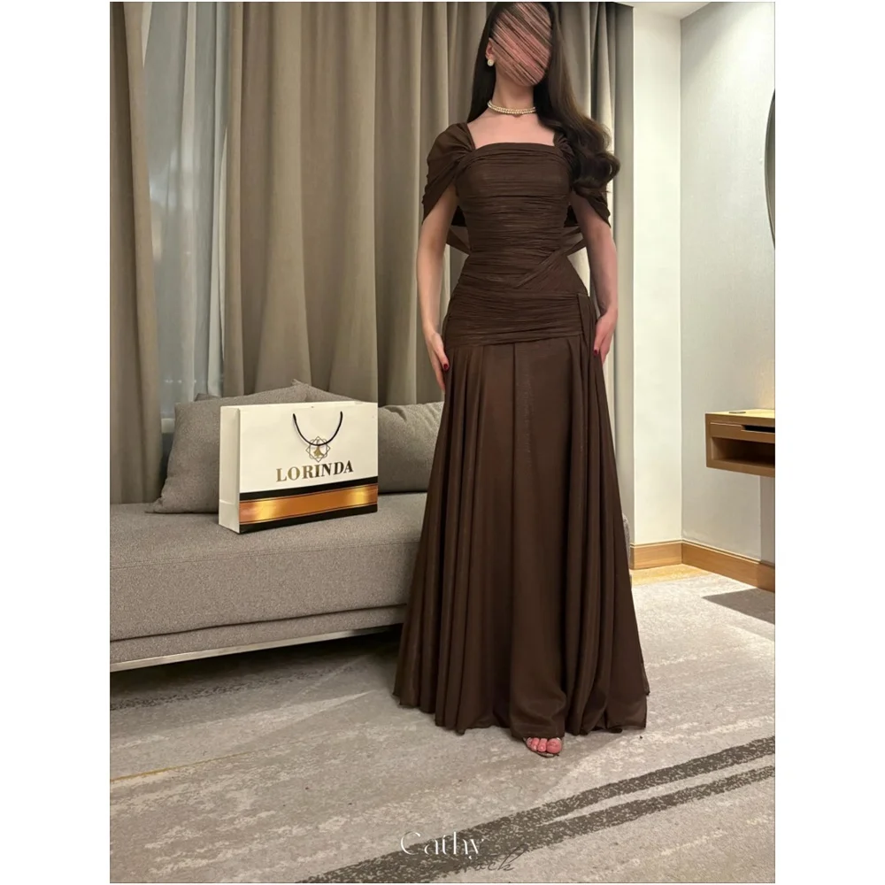 

Cathy Customized Brown Pleated Short Sleeves Prom Dress Simple A-line Zip Back vestidos de noiva Floor-length Evening Dresses