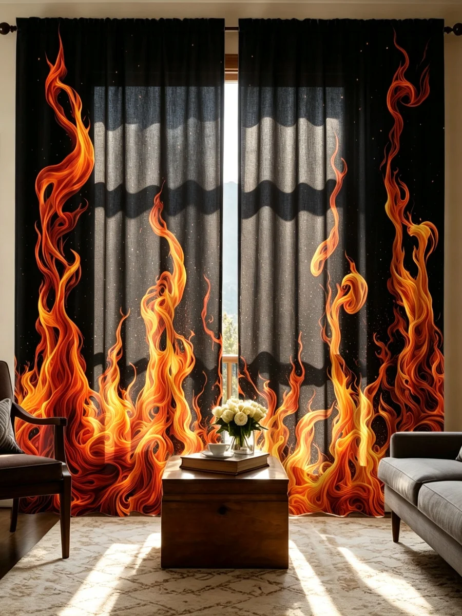 2PCS Vivid Flame Print Curtains, Orange Red Fire Pattern Blackout Window Drapes for Bedroom Living Room Modern Home Decor