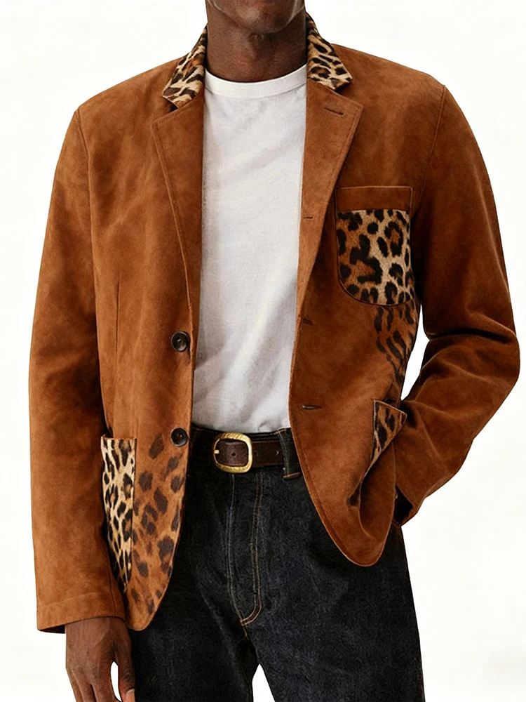 أنيق ليوبارد الطباعة جاكيتات رجالي ربيع الخريف Vintage زرر التلبيب السترة سترة معطف الرجال Vintage سليم صالح سترة القمم