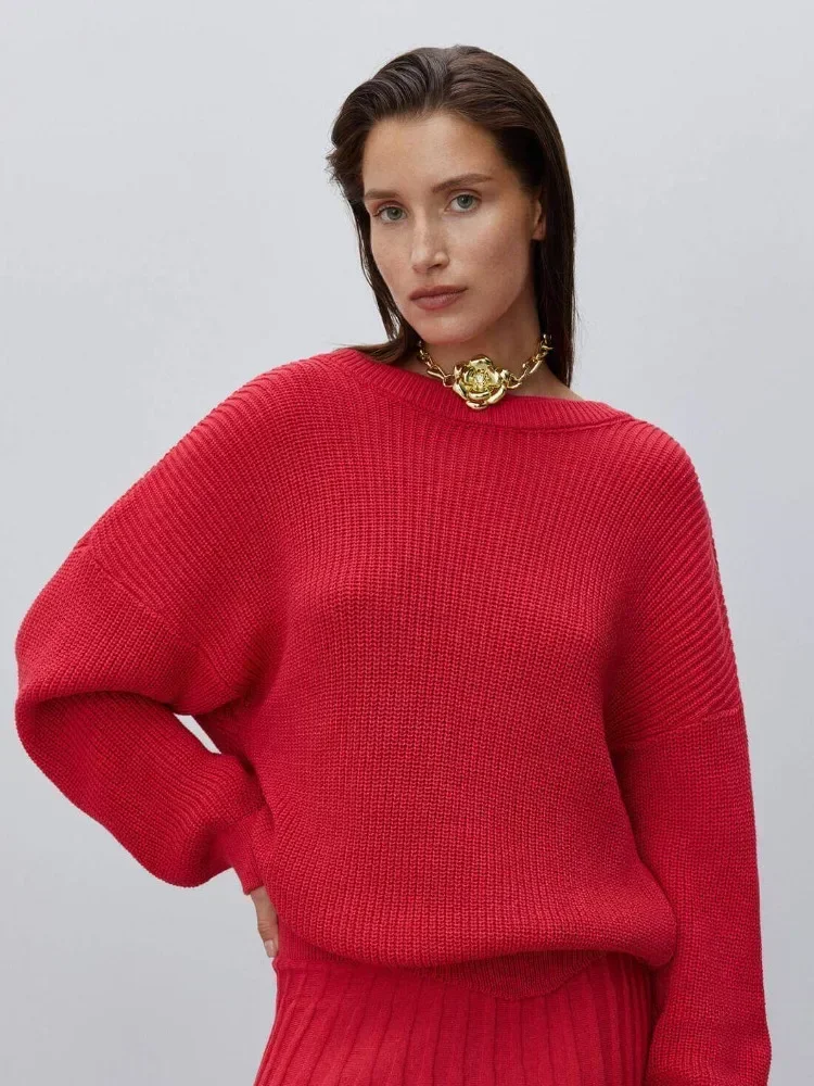 Elegant Red Backless Sweater for Women Sexy Cut Out Long Sleeve Knitted Pullovers Fall Winter Casual Loose-fit Knitwear 2024