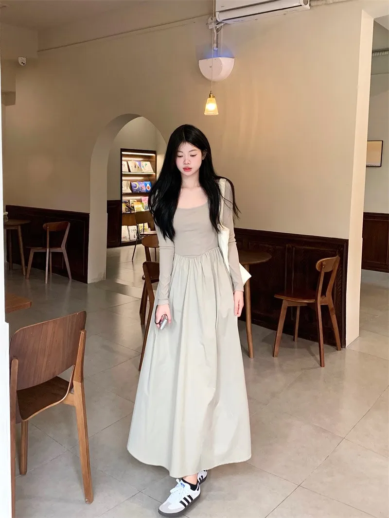 긴 소매 여성용 드레스 가을 봄 실크 시스루 투명 비대칭 크롭 웨이스트 타이트