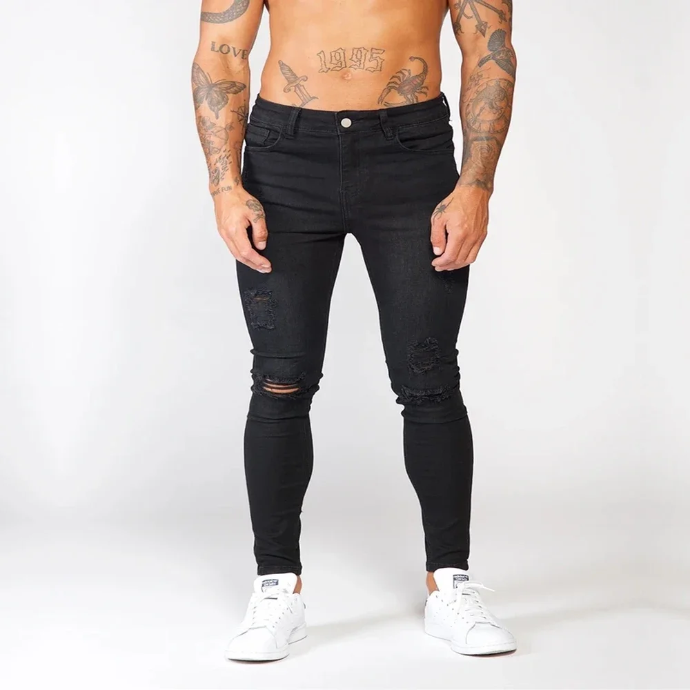 Spray on Jeans for Men Black Super Skinny Stretchy Ripped Jeans Hip Hop Hole Denim New Straight Leg Mens Street Wear