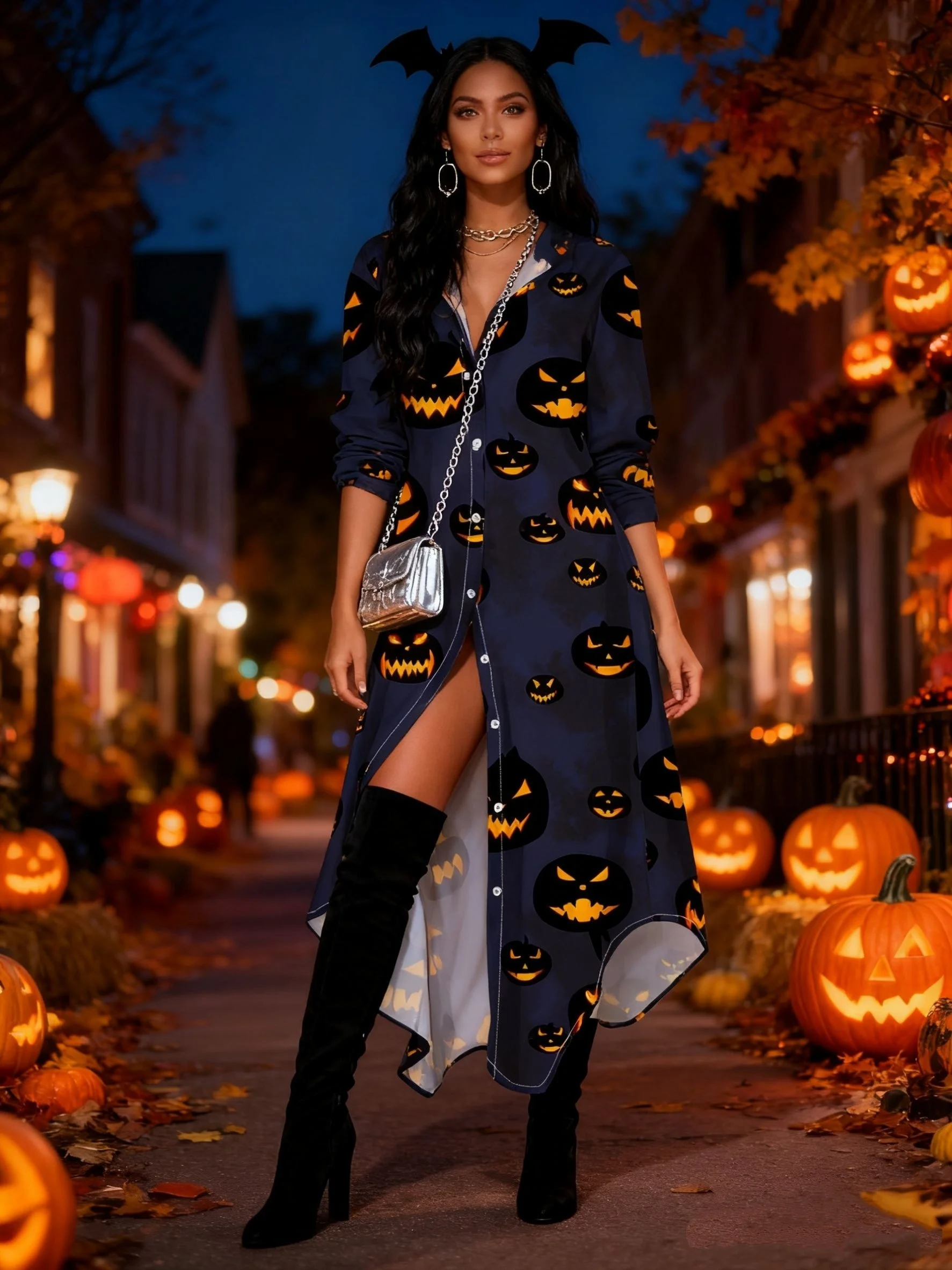 

Черное платье с принтом тыквы и длинными рукавами для женщин, в отпускном стиле, на пуговицах, миди, повседневное, летнее, осеннее, модное