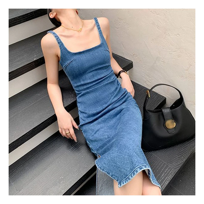 Summer 2024 new socialite Korean  retro blue denim camisole dress for women slim fit and slimming mid length skirt