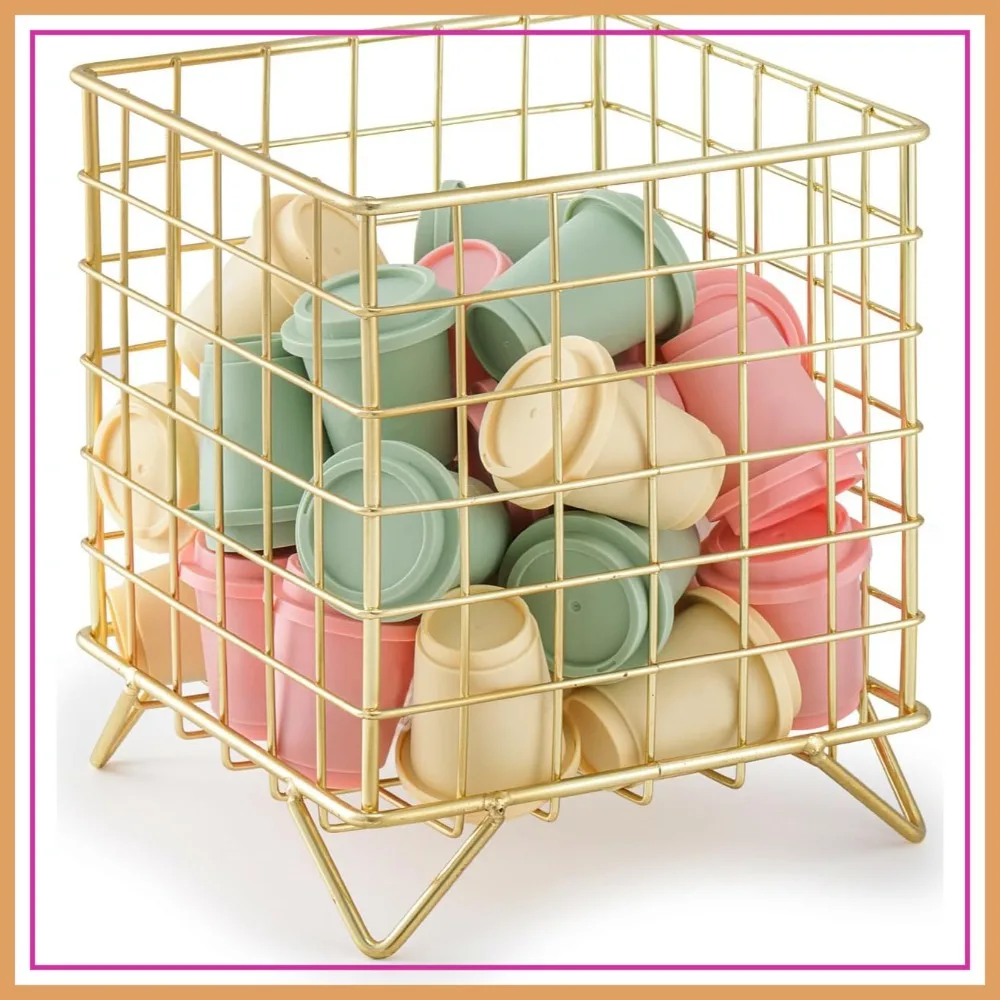 

K Cup Holder Organizer, 5.3" x 5.3" x 6.3" Coffee Pod Storage Basket, Metal Countertop Organizer for Kitchen & Office, Gold
