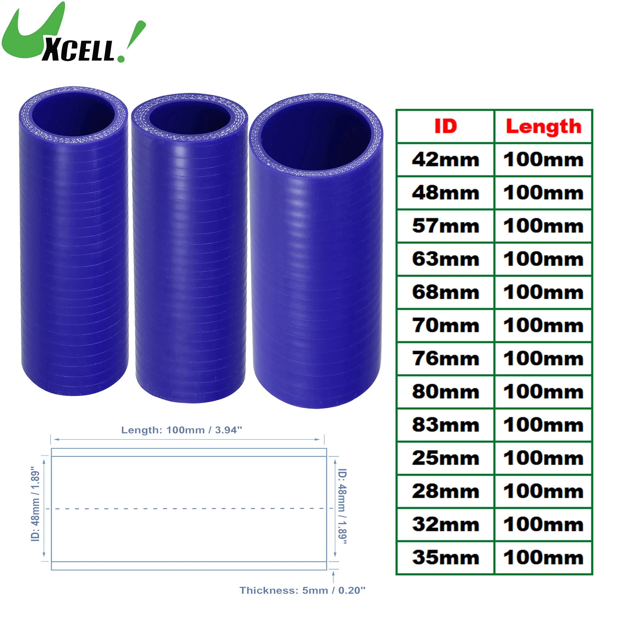 UXCELL 25mm 28mm 32mm 35mm 42mm 48mm 57mm 63mm 68mm-83mm ID 100mm Length 0 Degree Blue Car Silicone Hose Coolant Hose Universal