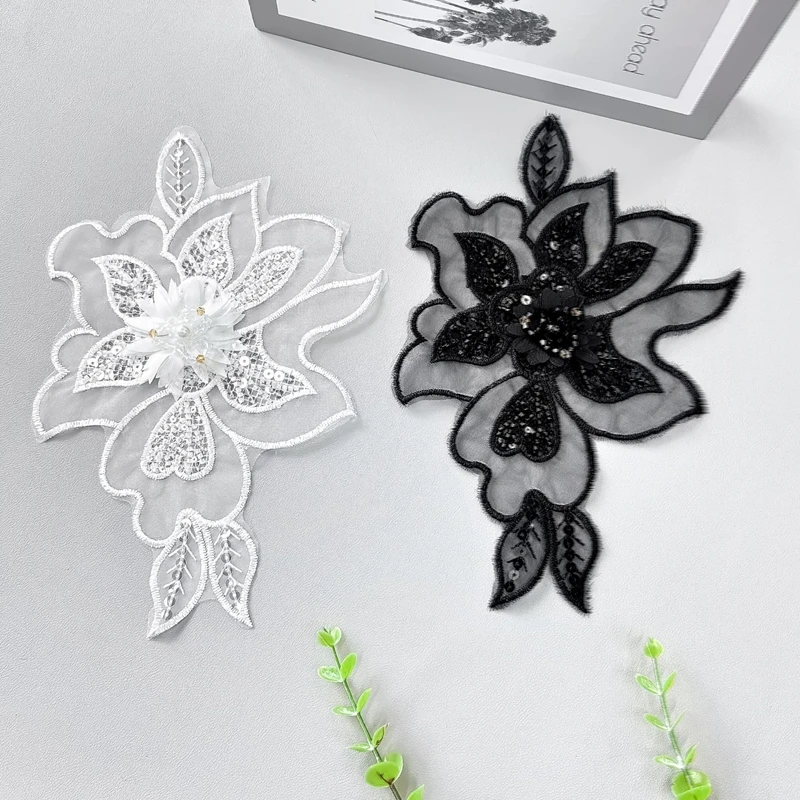 Black and white handmade bead 3D flower glitter bead chest flower wedding dress dress DIY accessories