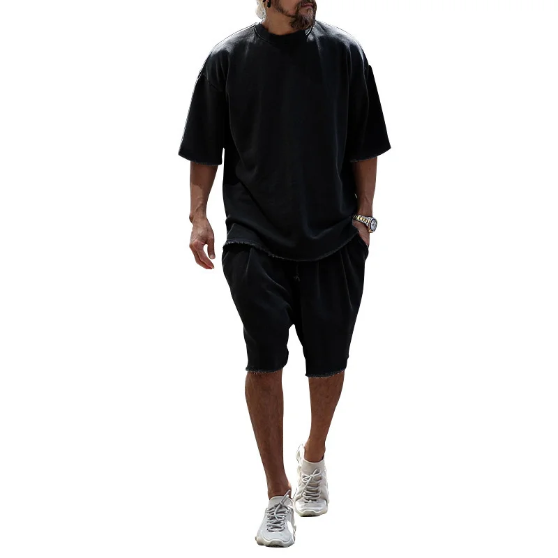 Summer Simple Style Sports Two-piece Sets Casual Men's O Neck T-Shirt Loose Waist Lace-up Shorts Solid Color Hip Hop Male Suit 2