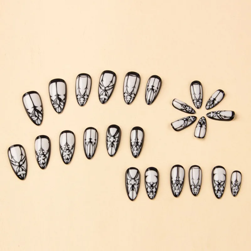 24 Pcs Acrylic Fake Press on Nails for Gluing Gothic Style Long Almond False Nails with Glue Black White Cheap Simple Nail Tips