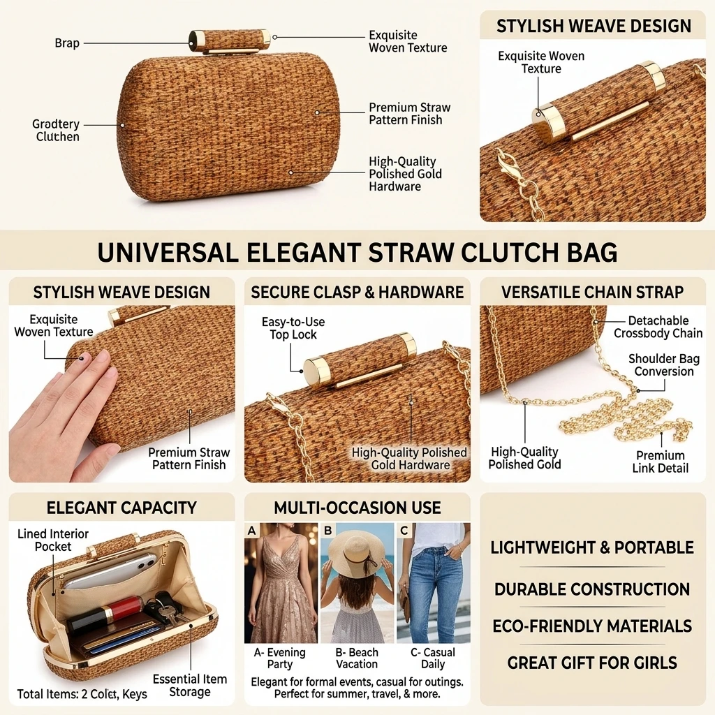 Universal Straw Easy Matching Weave Woven Shoulder Bag Solid PC For Women Ladies Summer Beach Travel Vacation Party Tote Handbag Elegant Portable Durable Lightweight Eco Friendly Woven Basket Bag With Handle Casual Daily Fashion New Gift For Girls Use