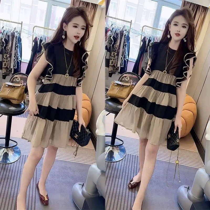 Fashion O-Neck Spliced Folds Striped Butterfly Sleeve Mini Dress Clothing 2024 Summer New Loose Office Lady Sleeveless Dress