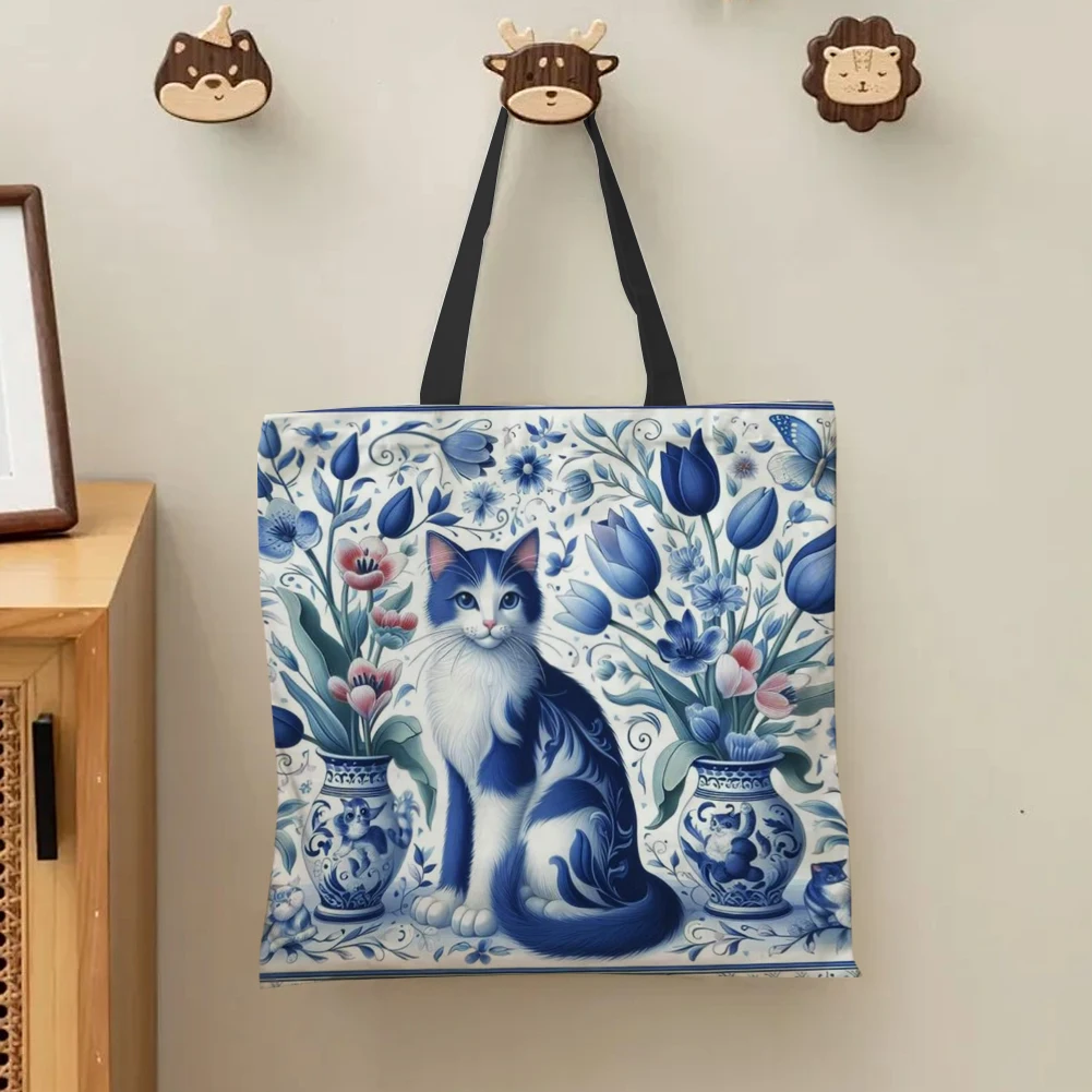 

4PCS Cat Linen Tote Bag Handbag Large Capacity Women Shopping Shoulder Bags Linen Tote Bag