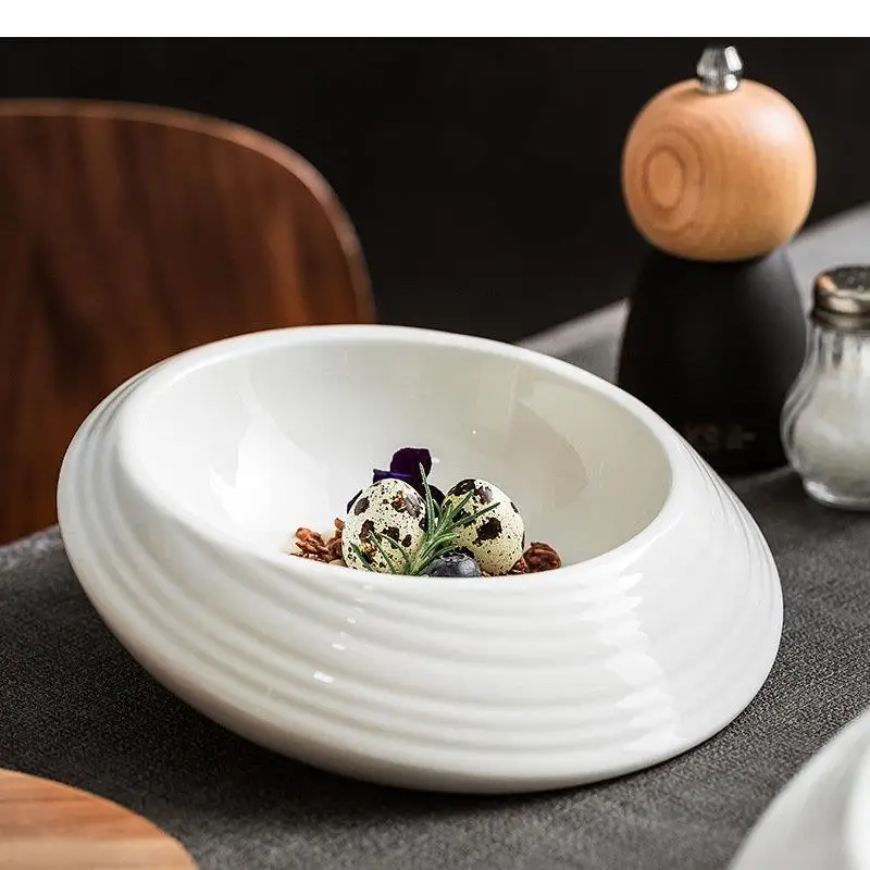 Simple Irregular Ceramic Dinner Plate Oblique Mouth Fruit Salad Pasta Bowl Dim Sum Dessert Restaurant Kitchenware