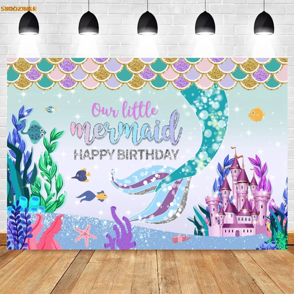 Mermaid Backdrop Underwater World Fish Scale Fish Tail Shell Pearl Princess Girls Birthday Party Photography Background Decor