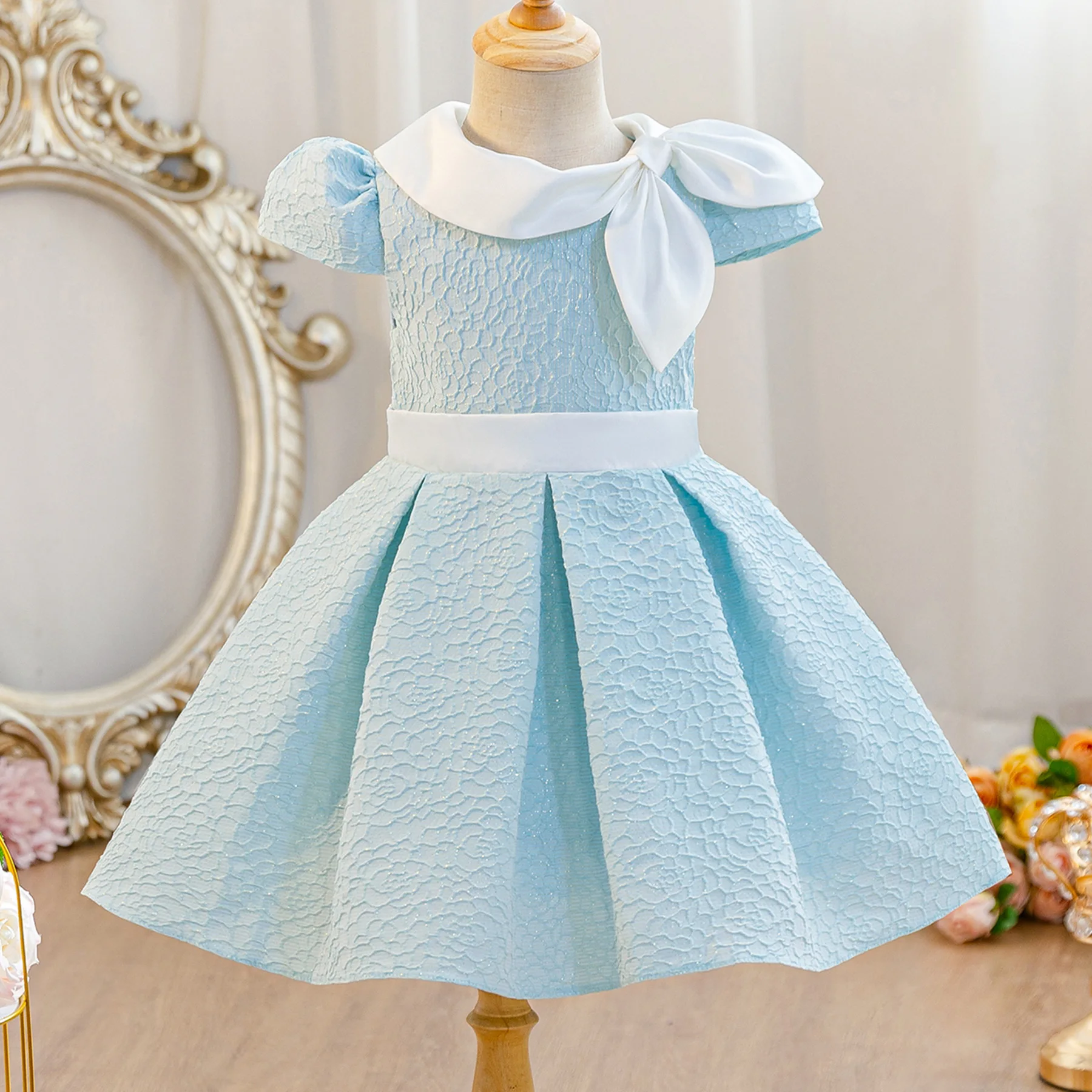 HETISO White Bow Collar Girl Embroidered Dress Sky Blue Birthday Party Evening Ball Gown for Kids 3-10 Years Girl