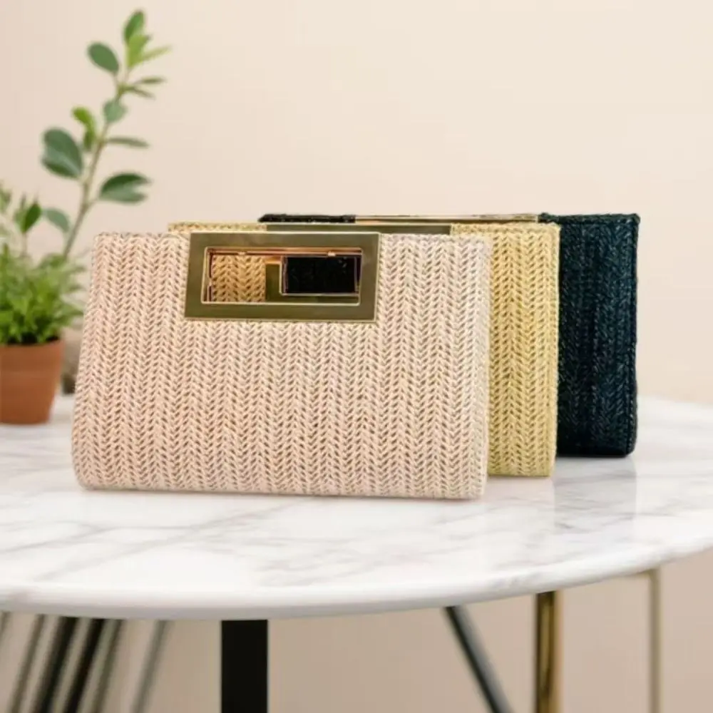 Metal Handle Woven Clutch Shoulder Strap Storage Function Beach Bag Detachable Chain Strap Women's Handbag Travel Bag Purpose