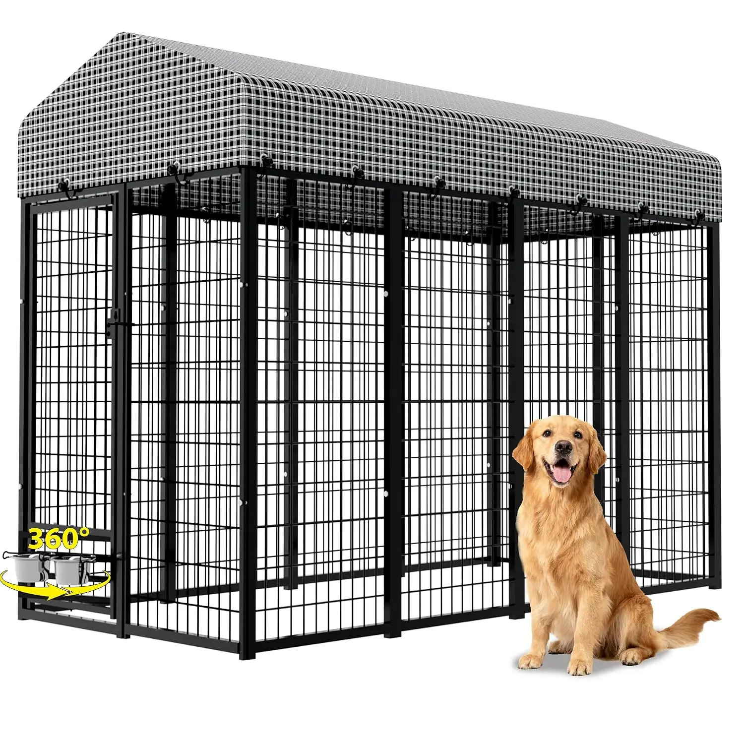 Heavy Duty Outdoor Dog Kennel For Large Dogs With Feeding Door & Roof Cover, Metal Fence For Yard, 8'x4'x6', Customized