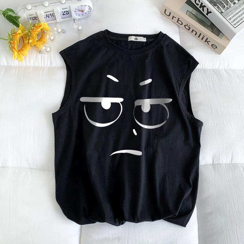 Summer Cute Print Sleeveless O Neck Men Sweatshirt Thin Breathable Sports Tank Top Harajuku Casual Oversized T Shirts Streetwear