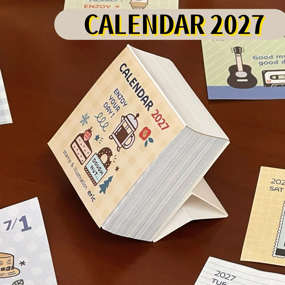 2027 Calendar Cute Illustration Mini Sticker 365 Days Page Tearable Desk Calendar Creative Diary Journal DIY Materials