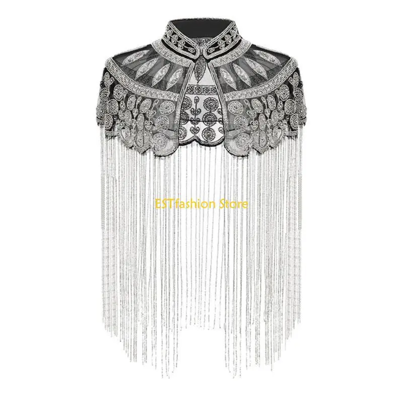 Y5GC Stylish Metallic Capes with Sequined Design and Long Fringes Elegant Decorative Accessory Shawl Wrap for Festival Event