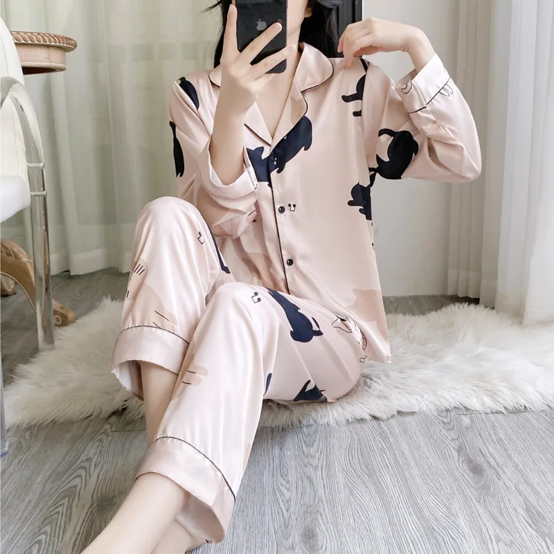 2025 Spring Autumn Pink Girl Women Ice Silk Two Piece Set Pajamas Cartoon Cat Long Sleeve Pants Nightgown Sleepwear Homewear