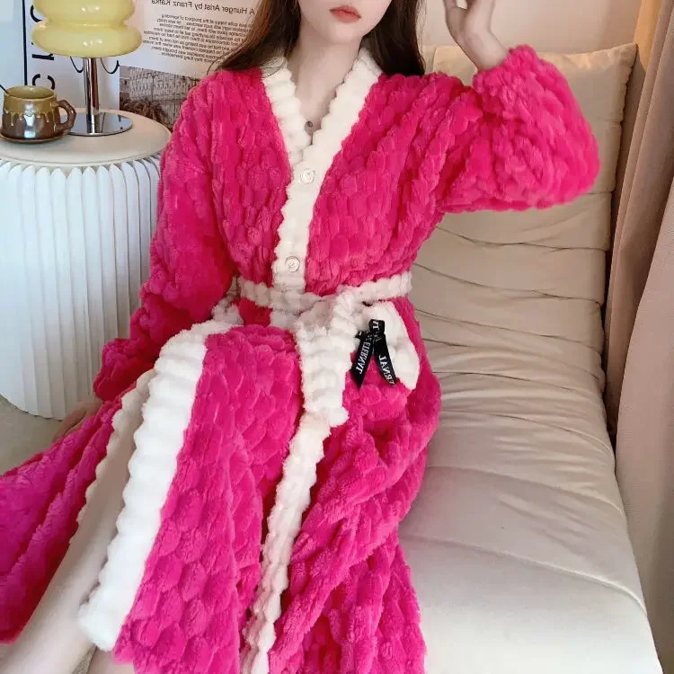 Women Long Robes with Pocket Hot Pink Kimono Thicken Coral Fleece Nightgown Loose Sleepwear Lady Autumn Winter New Bathrobe