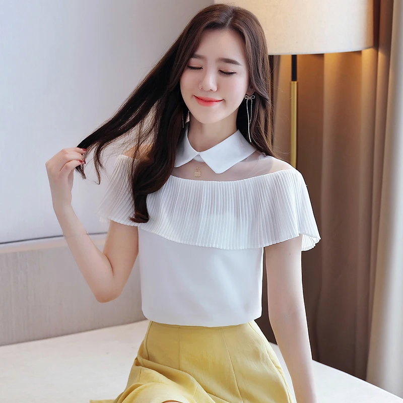 Blouse Women Blusas Mujer De Moda 2024 Women Blouses Ruffles Chiffon Blouse Shirt Short Sleeve White Blouse Women Shirts D319