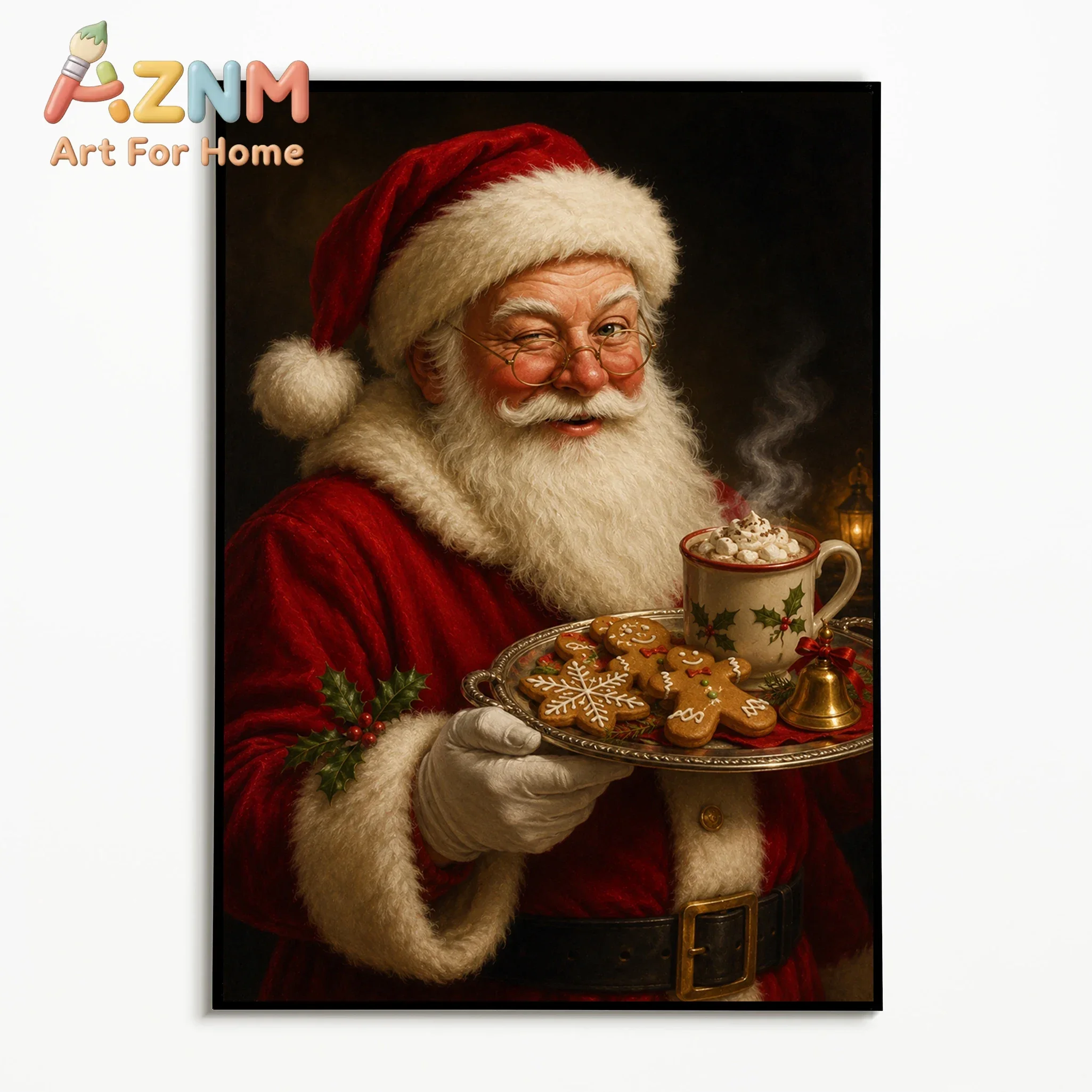 AZNM Vintage Santa Claus Canvas Poster Christmas Gingerbread Hot Cocoa Reindeer Art Print Retro Holiday Home Wall Decor Unframed