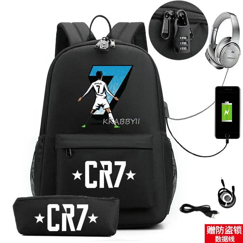 2pcs CR7 Backpack For Women Men 18 inch USB Charge Travel Notebook Laptop School Bags Black Capacity School Mochilas For Teens