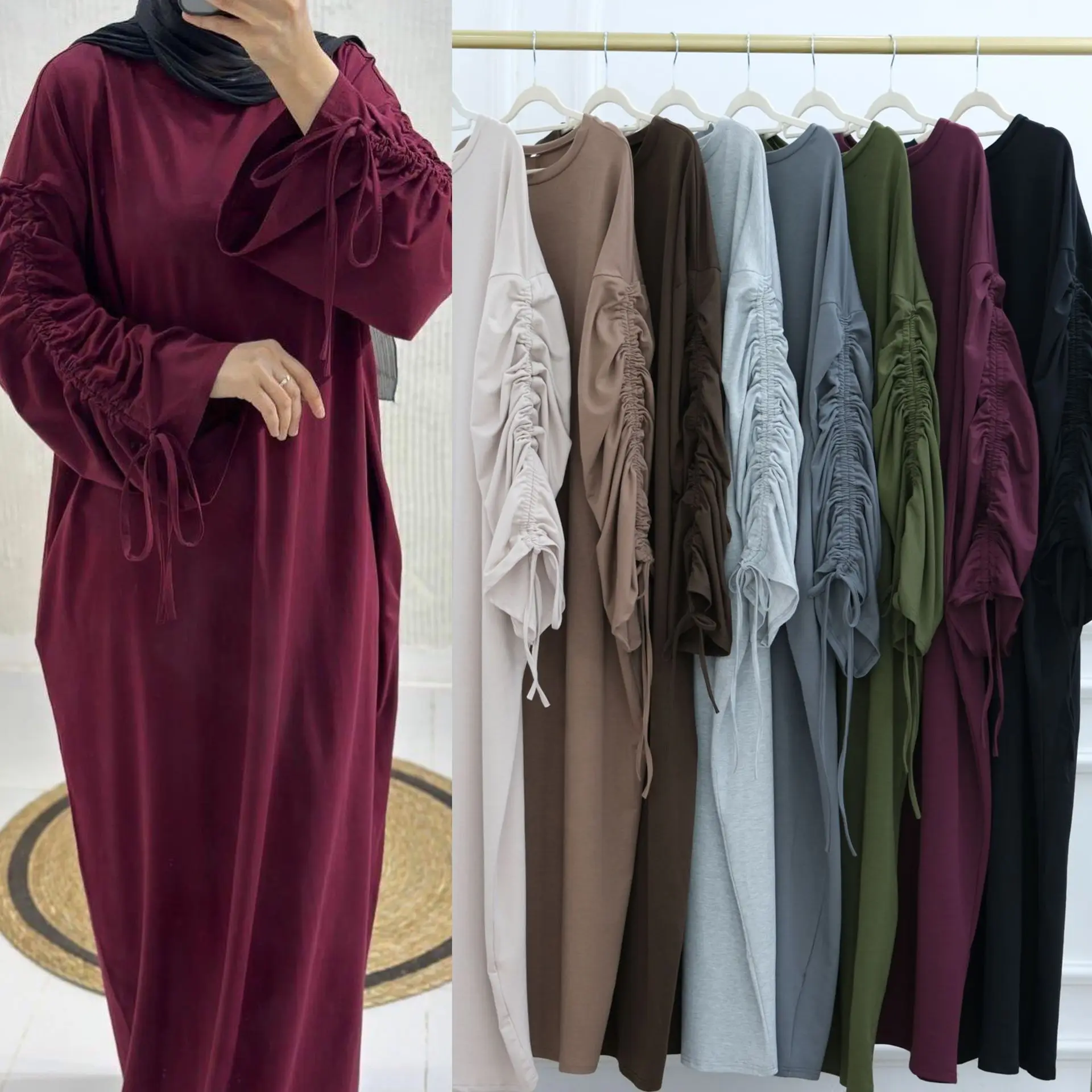 Abito da donna Abaya Dubai Eid Polsino musulmano con coulisse Party Jalabiya Ramadan Lungo Abaya Marocco Caftano Abiti Largos Abito arabo