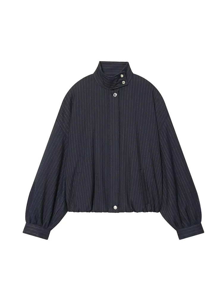 Nlzgmsj 2026 Streetwear Chic Stripe Jackets Women Long Sleeve Stand Collar Button Coats Fashion  Casual Outwears Y2K