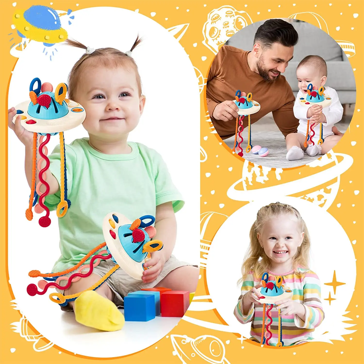 Montessori Pull String Brinquedos Sensoriais para Bebé, Silicone Atividade Brinquedos, Desenvolvimento Brinquedos Educativos, 6 12 Meses, 1 a 3 Anos