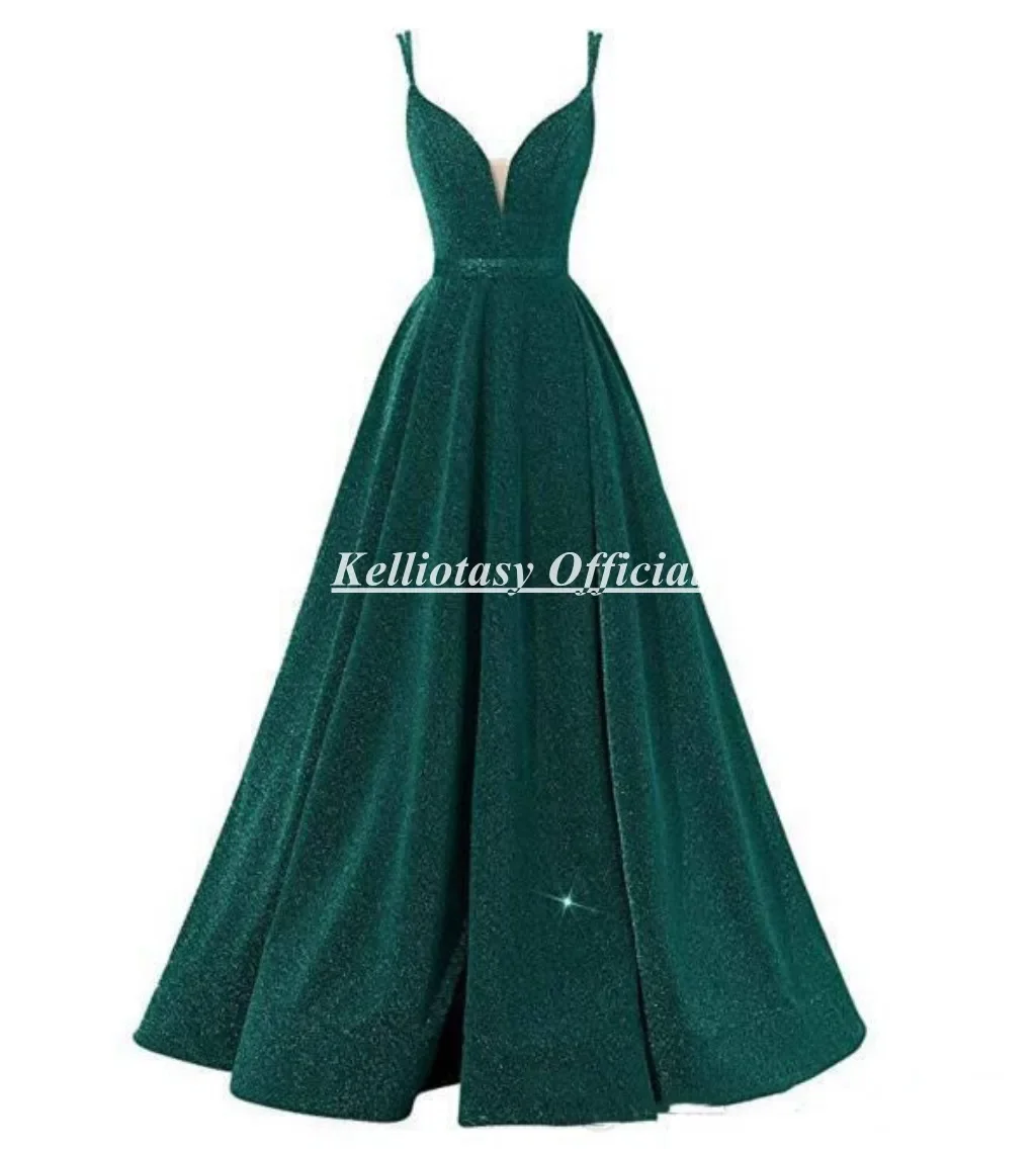 

Customized Green Evening Party Dresses Spaghetti Strap Vneck Aline Women Formal Occasion Gown For Weddings