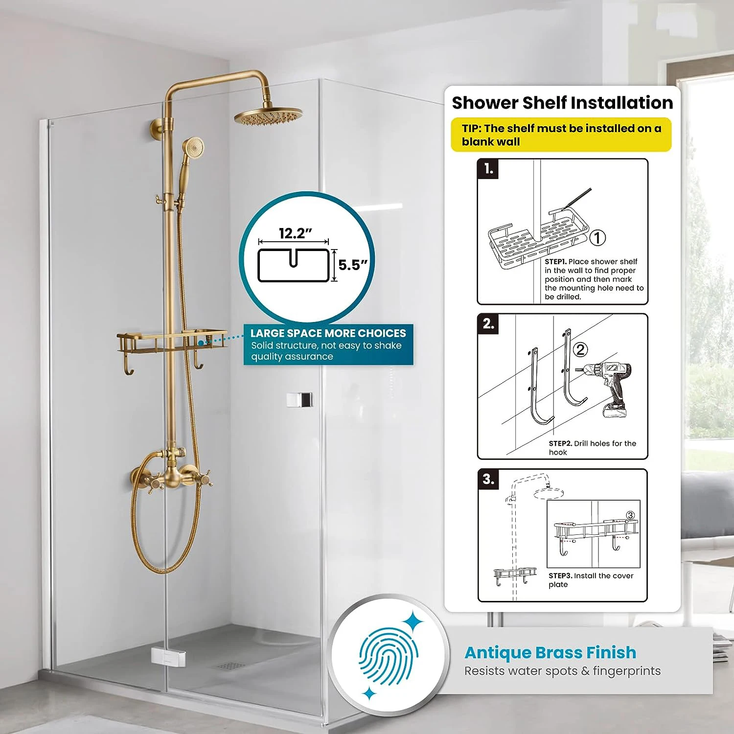 Imagem -04 - Kemaidi Antique Brass Wall Mount Shower Conjunto Torneira Único Punho com Chuveiro de Mão Mais Prateleira do Banheiro Chuveiro Torneira Misturadora