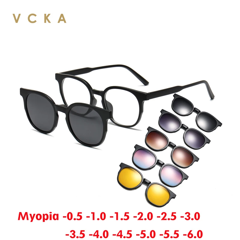 VCKA 6 In1 Fashion Myopia Sunglasses Frames Gradually Magnetic Clip Women Glasses Polarized Custom Optics Eyewear -0.5 to -6.0