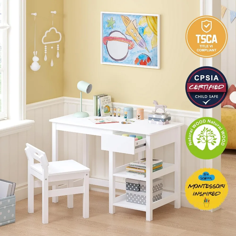 Kids Study Desk and Chair Set with Drawer, Wooden Table for Ages 3-8, Student Writing Workstation