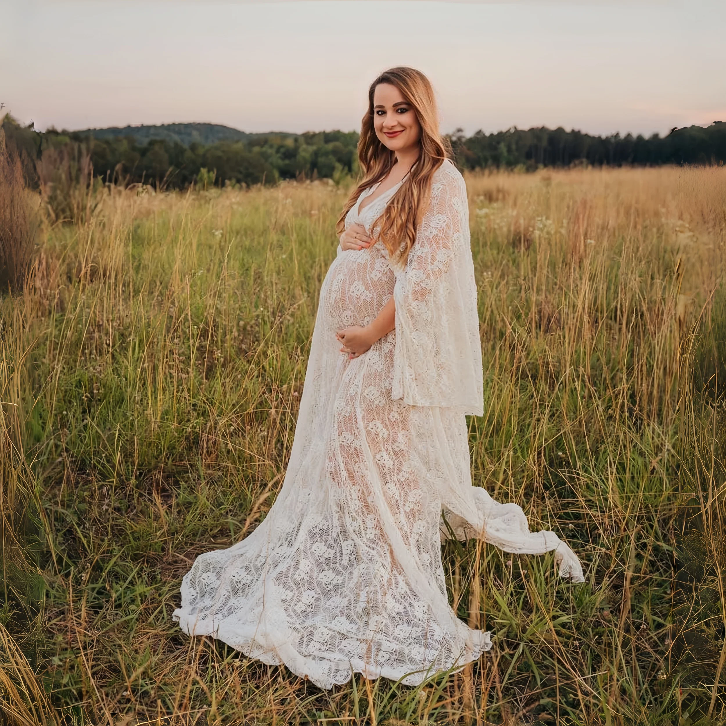 

Summer Boho Style Lace Pregnant Woman Photo Shoot Outfit Dress Long Sleeve Lace