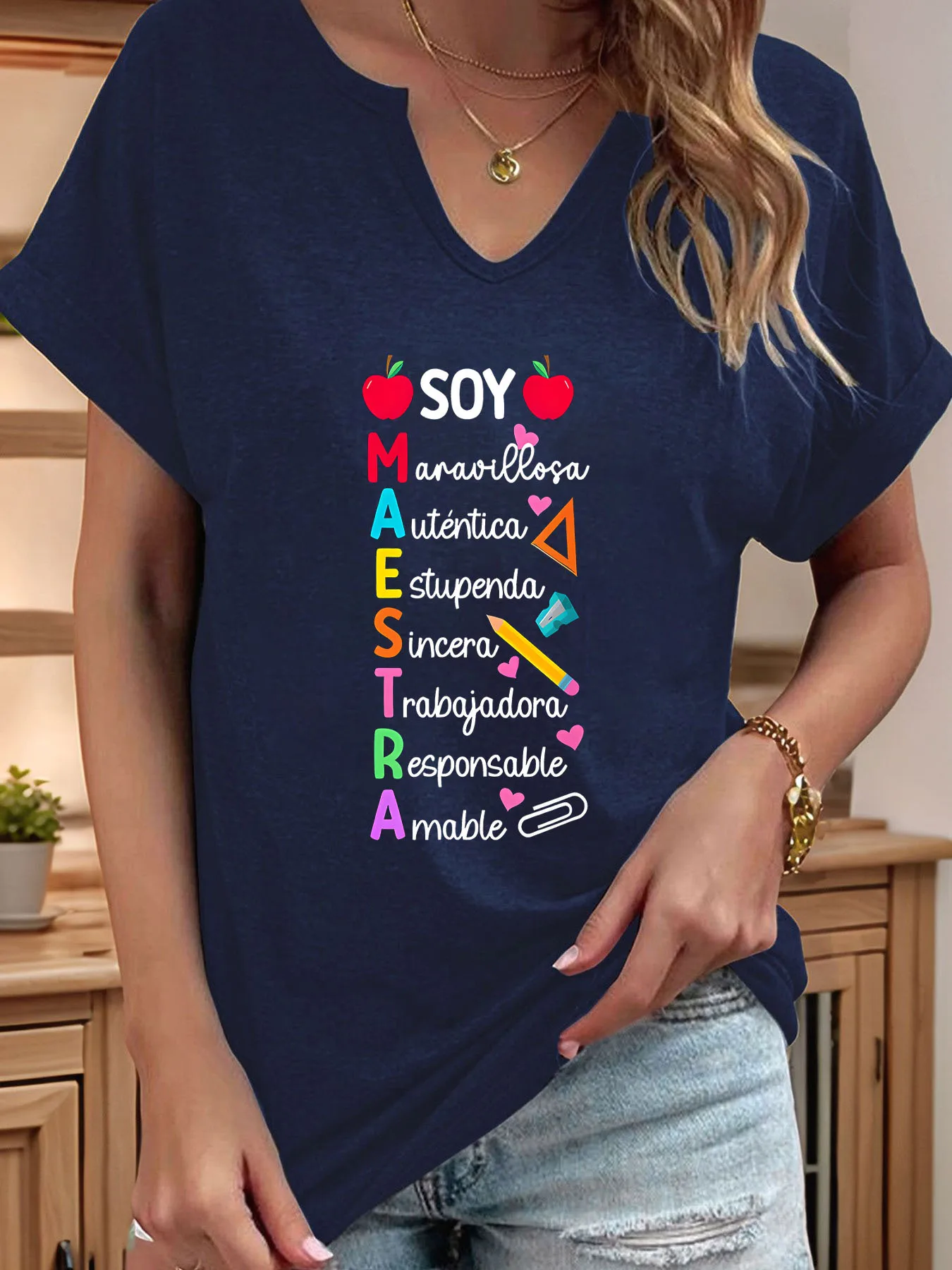 

Praise Teachers' Greatness Letter Print Women T Shirt Short Roll-up Sleeve V-Neck Summer Casual Top Tshirts for Women