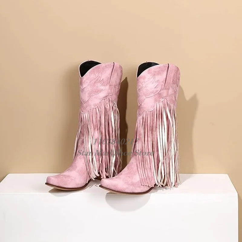 Women Fashion Fringe Western Cowboy Boot Pointed Toe Mid-Calf Thick Heel Slip On Ankle Boots Hot Chick Street Style Catwalk Shoe