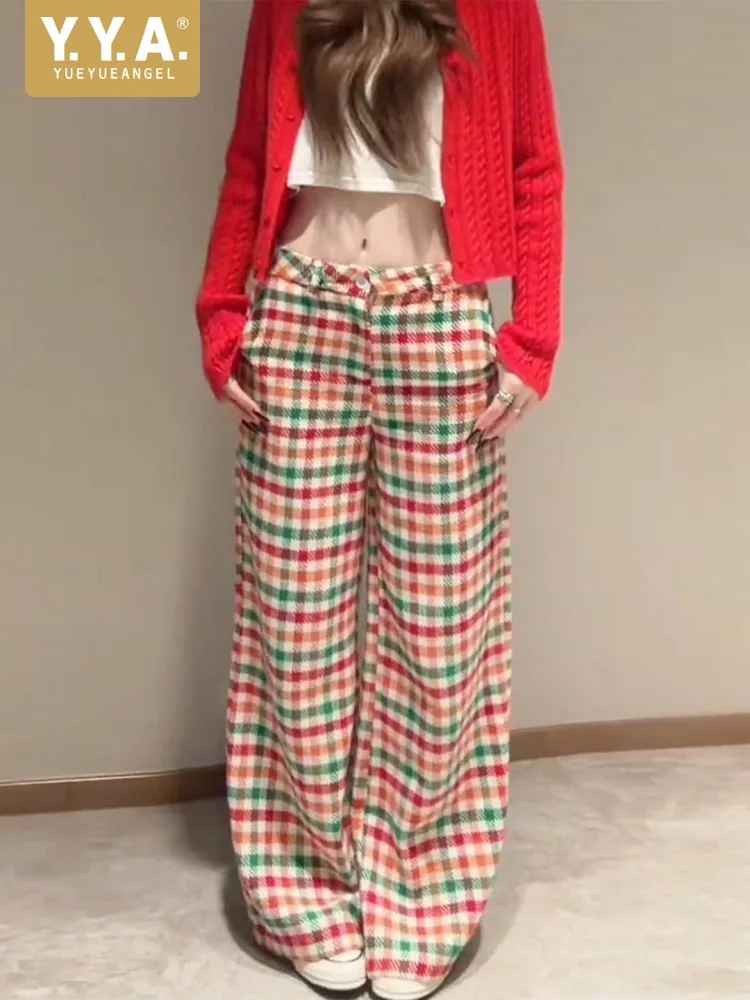 

Women Vintage High Waist Plaid Pants Loose Fit Straight Trousers Designer New Spring Autumn Ladies Sweet Casual Wide Leg Pants