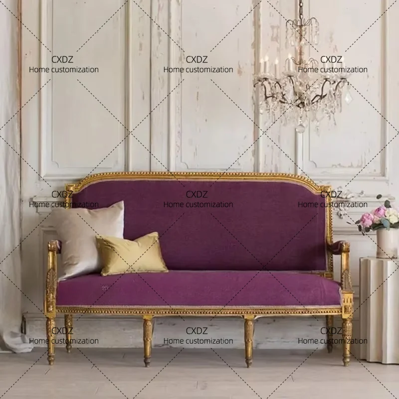 XX retro solid wood carving flower casual single sofa, gold old multi-person sofa, back chair