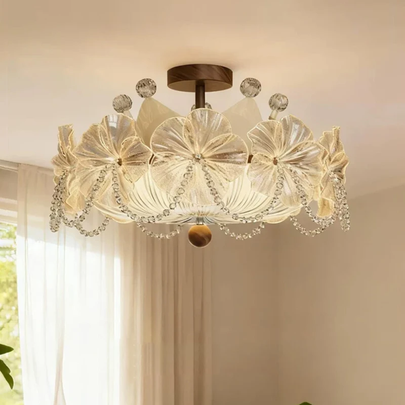 French Medieval Style Flower Bedroom Ceiling Lamps Light Luxury Crystal Glass Petal Lamp Led Warm Children's Room Ceiling Lights