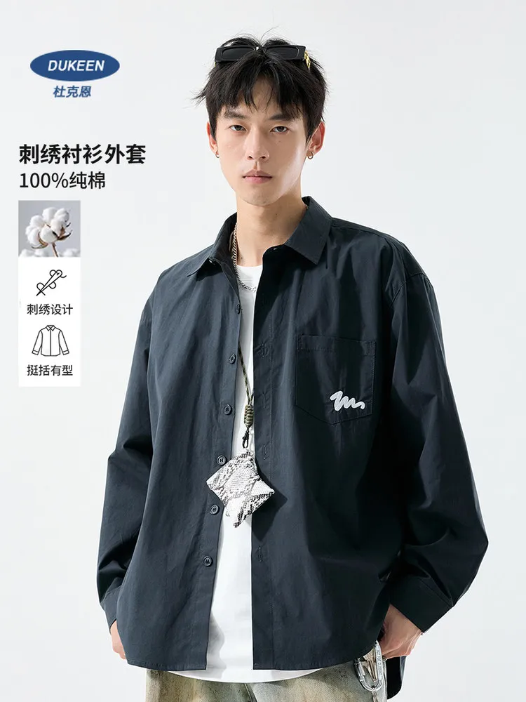 

DUKEEN Men's Heavyweight Cotton Shirt Jacket Long Sleeve Embroidered Casual Loose Fit Overshirt Spring Fall Streetwear Top
