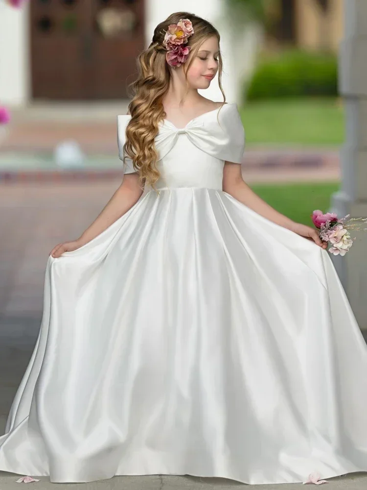 

Платья с цветочным узором для девочек, белое атласное платье с бантом и коротким рукавом для свадьбы, дня рождения, банкета, платье принцессы для святого причастия по индивидуальному заказу