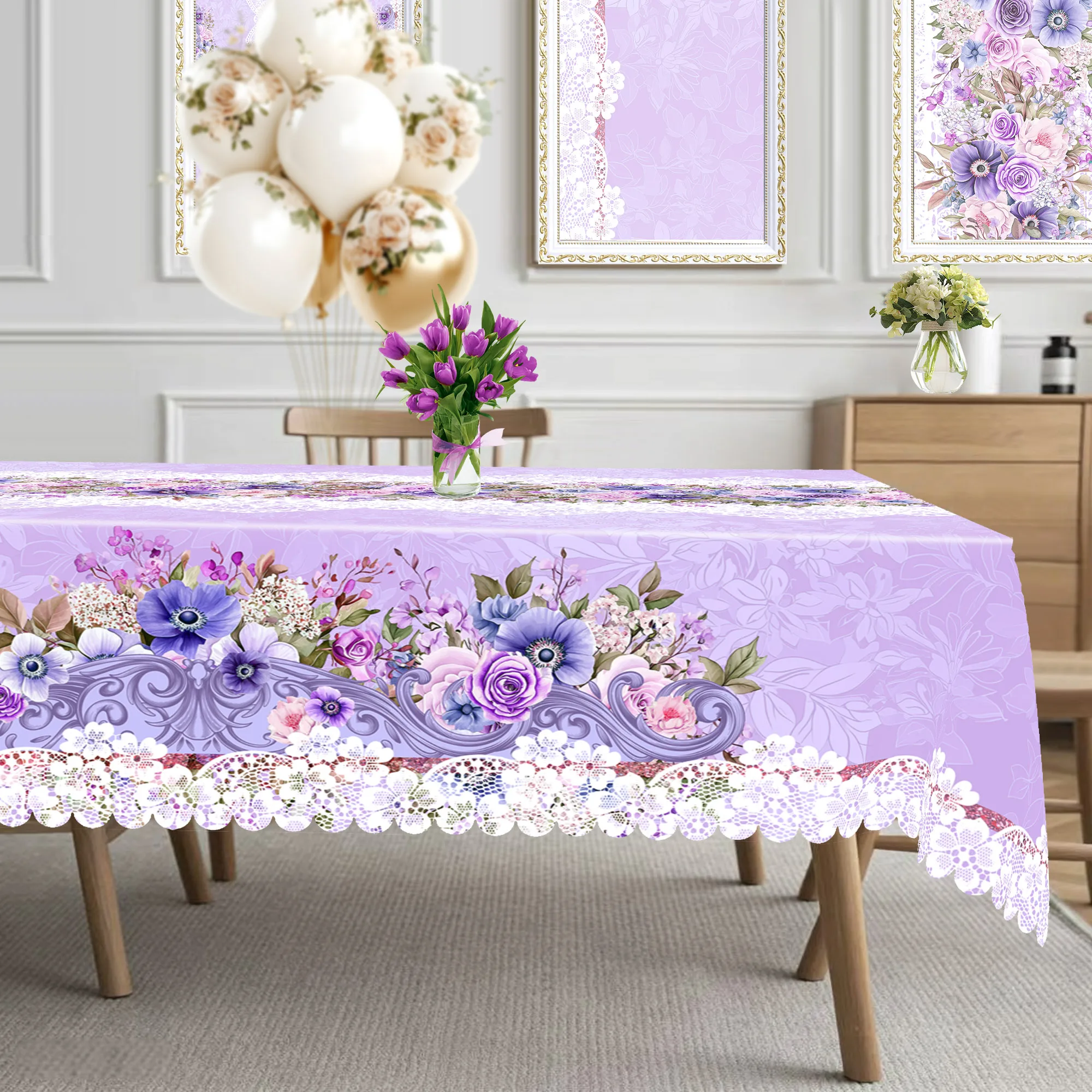 1 Piece of Spring and Summer Floral Print Tablecloth, Romantic and Elegant Purple Floral Lace Print Tablecloth, Edge Embossing Process, Round and Rectangular Tablecloth, Ideal for Wedding Table Decoration, Birthday Party Decoration, Flower Table Decoration, Spring Theme Design, Kitchen Decoration, Indoor and Outdoor Table Decoration