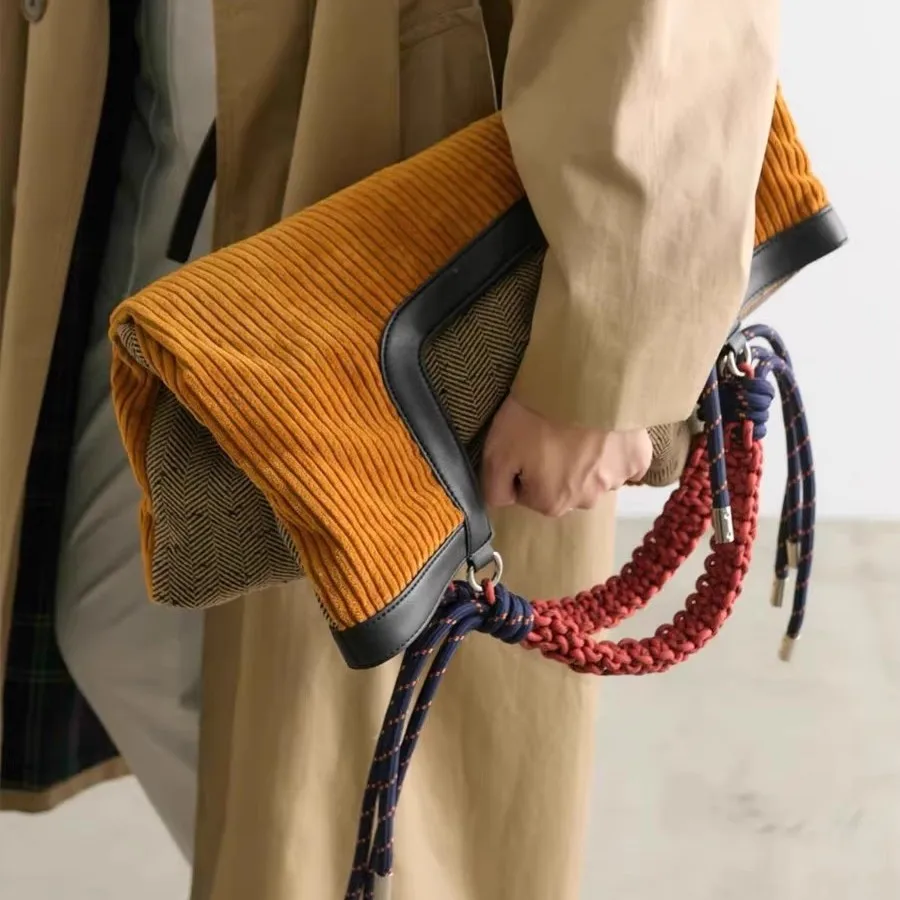 Retro Corduroy Tote Bag Autumn Winter Large Capacity Shoulder Patchwork Handbag with Rope Knot for Commuter