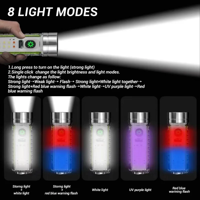 Super Bright LED Flashlight with White/red/blue/purple Side Light and Strong Magnets 30W LED Wick Lighting for 1500 Meters