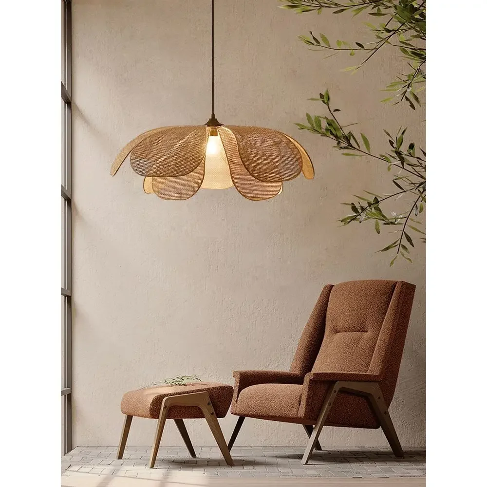 

Japanese Rattan Flower Petal Chandelier Lights Unique Lustre Handmade Woven Pendant Lamp Bedroom Living Room Tea Room Fixture