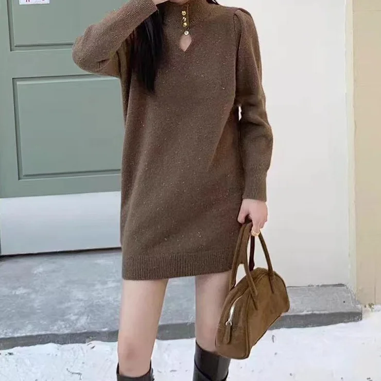 Mid to Long Knitted Sweater Top Dress for Women with a Sense of Luxury, Winter New Style with Loose Fur Collar Dress