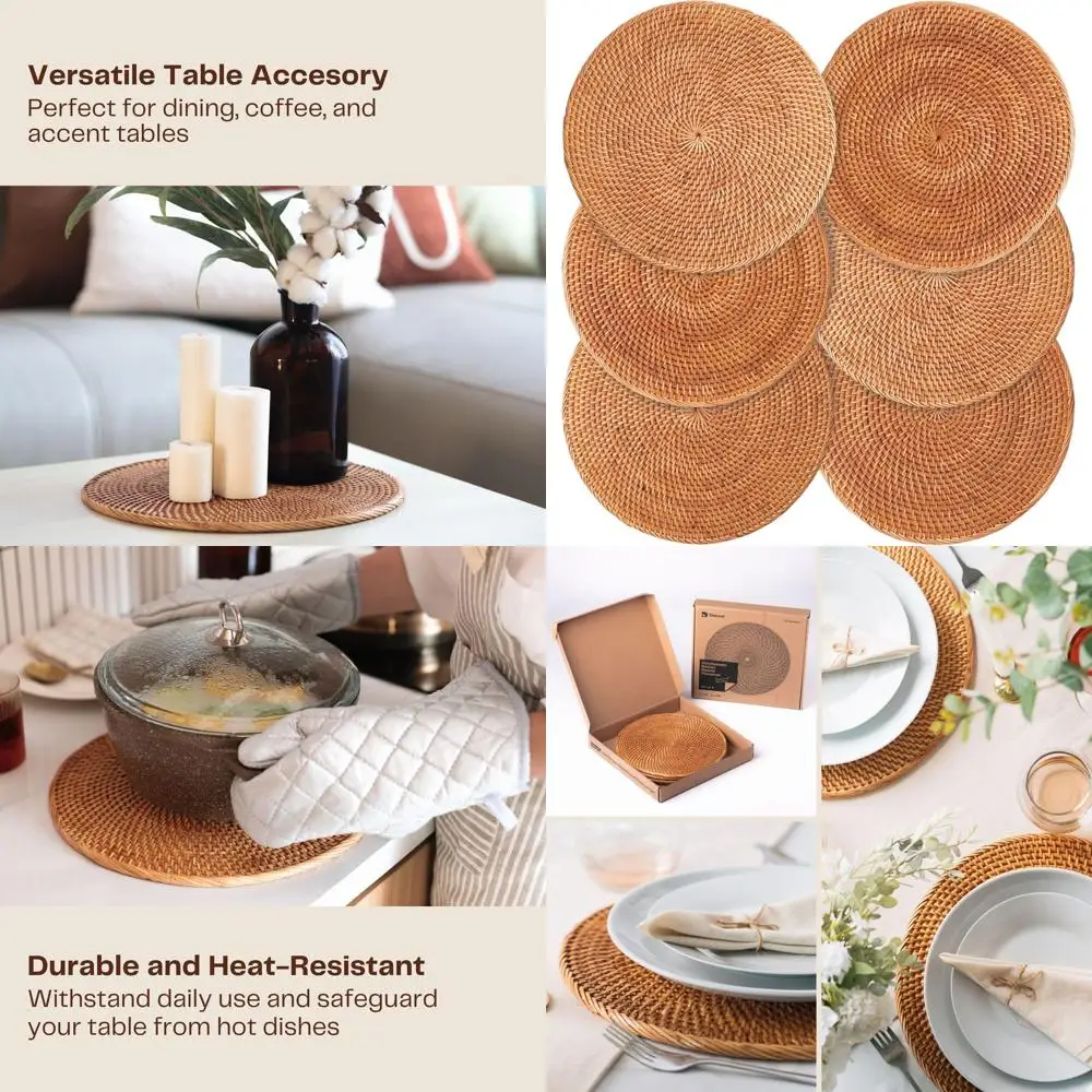 

Honey Brown 13 Rattan Round Placemats - Woven Boho Table Mats for Dinner Plates & Kitchen Decor